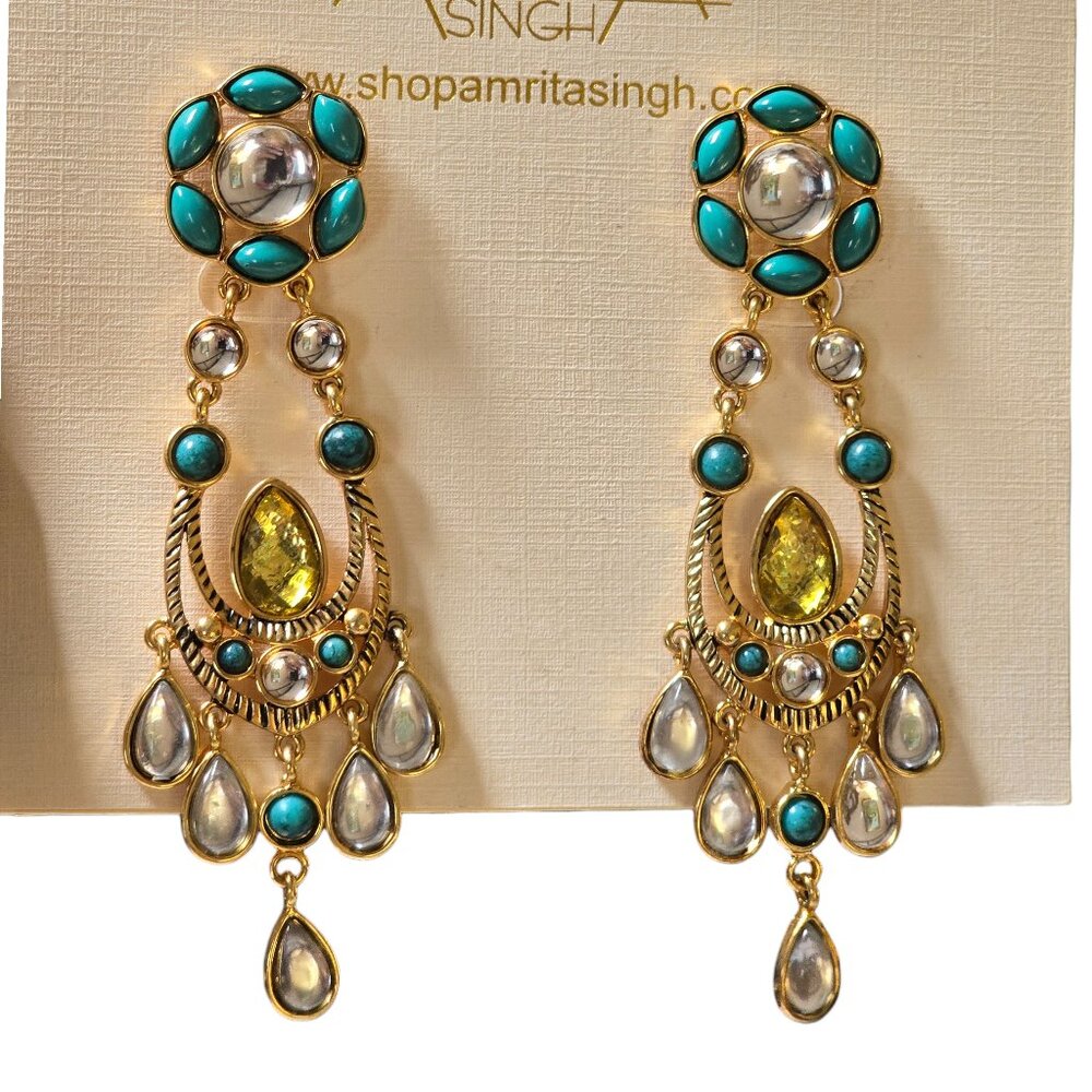 Amrita Singh Statement Green Turquoise Gold Plated Chandelier Earrings NWT
